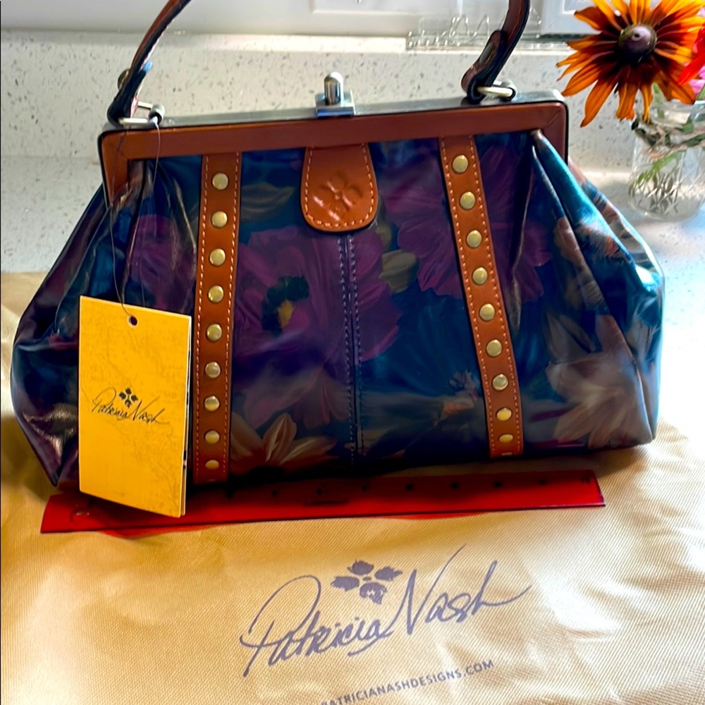 Patricia Nash Blue and Brown Satchel with Gold Hardware